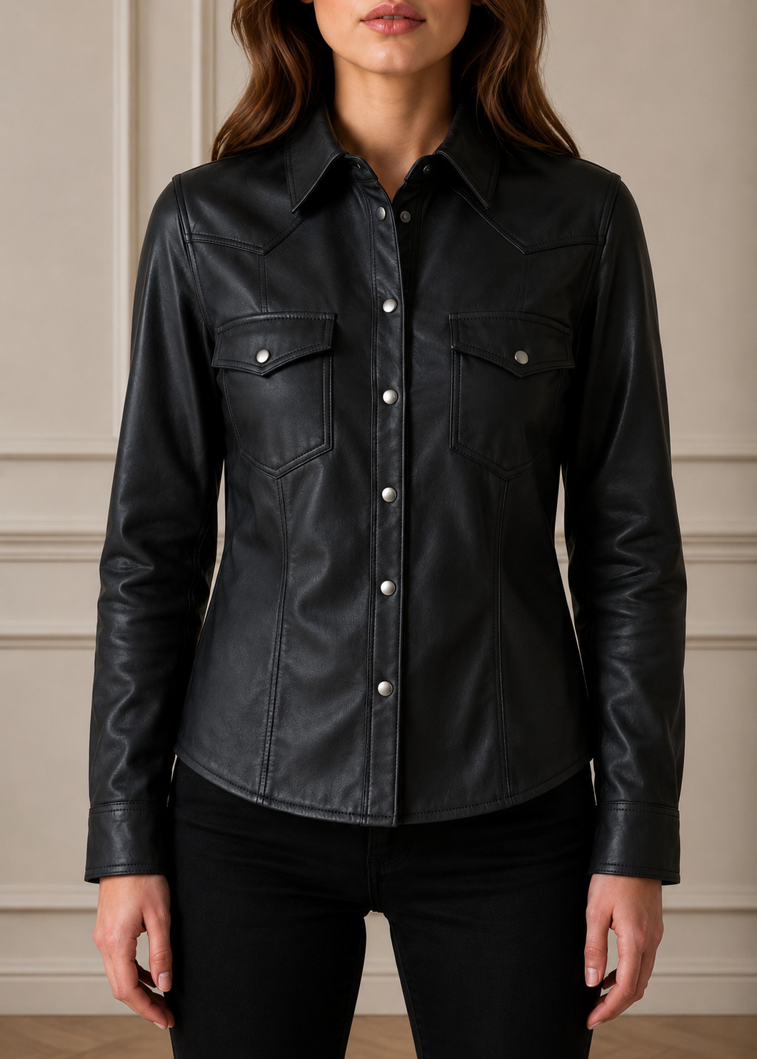 Women’s Black Leather Shirt Jacket Snap Button Western Style Genuine Leather