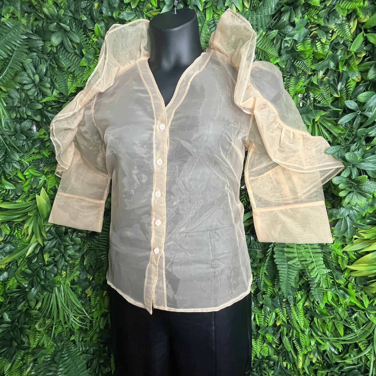 HESPERUS Tops Women Medium Beige Sheer Blouse Button Ruffle Accent 0168