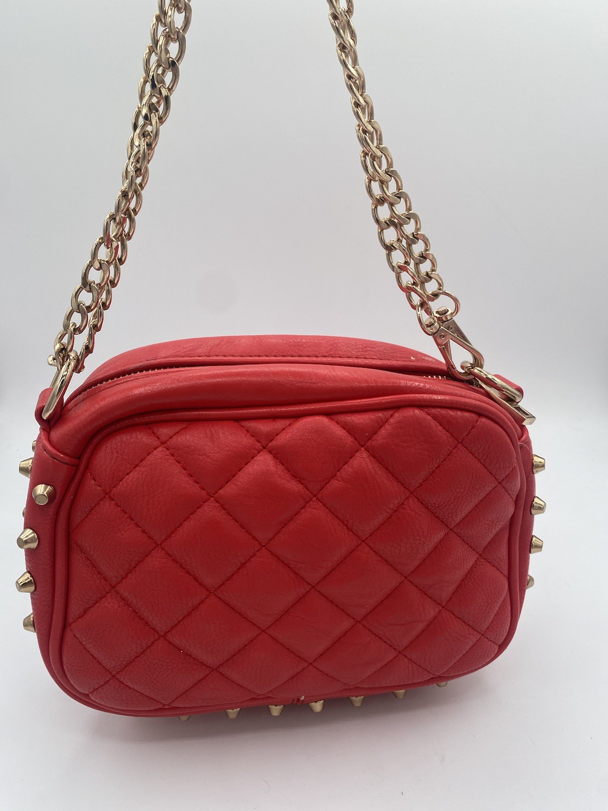 Red Quilted MMS Purse With Gold Chain And Studs
