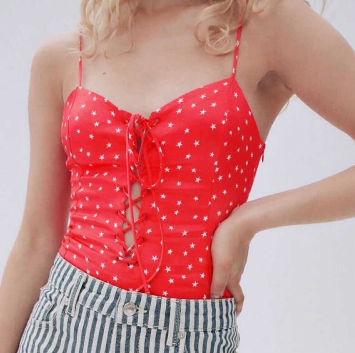 NEW ZARA Red & White Star Lace Up Snap Crotch Bodysuit (Size XS)