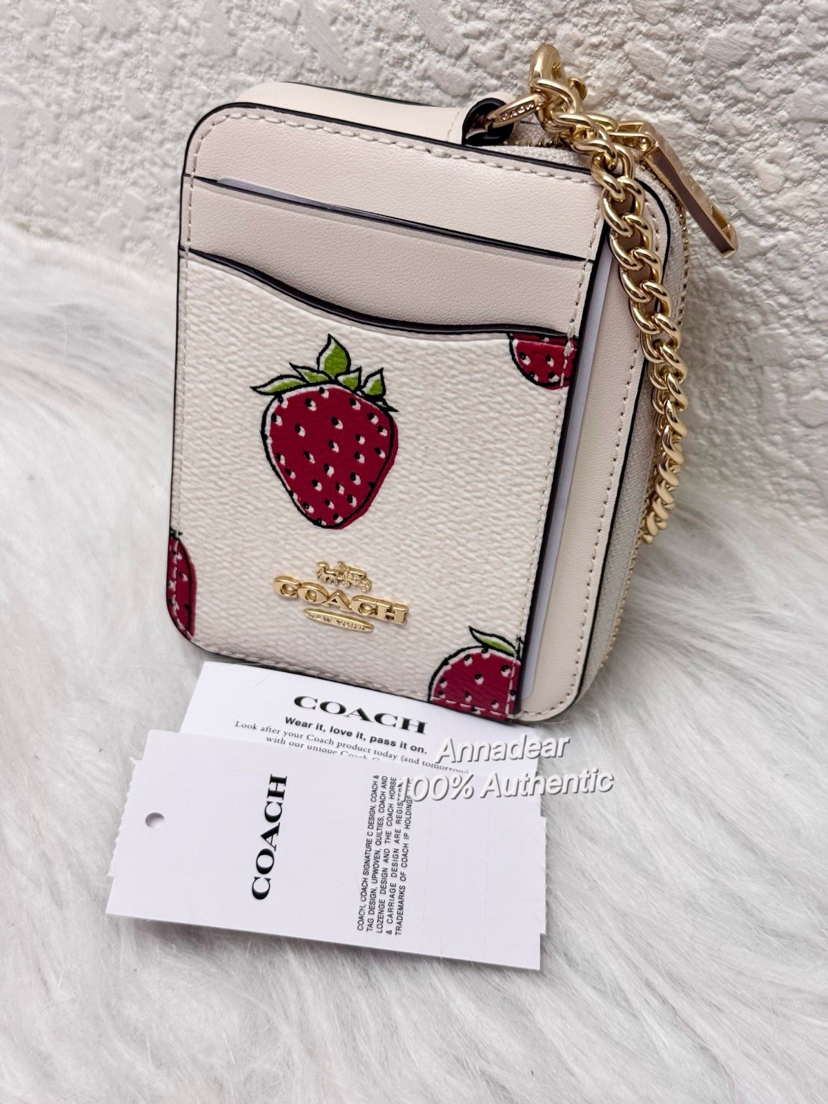 Coach CAR32 Zip Card Case With Strawberry Print NWT Chalk Multi