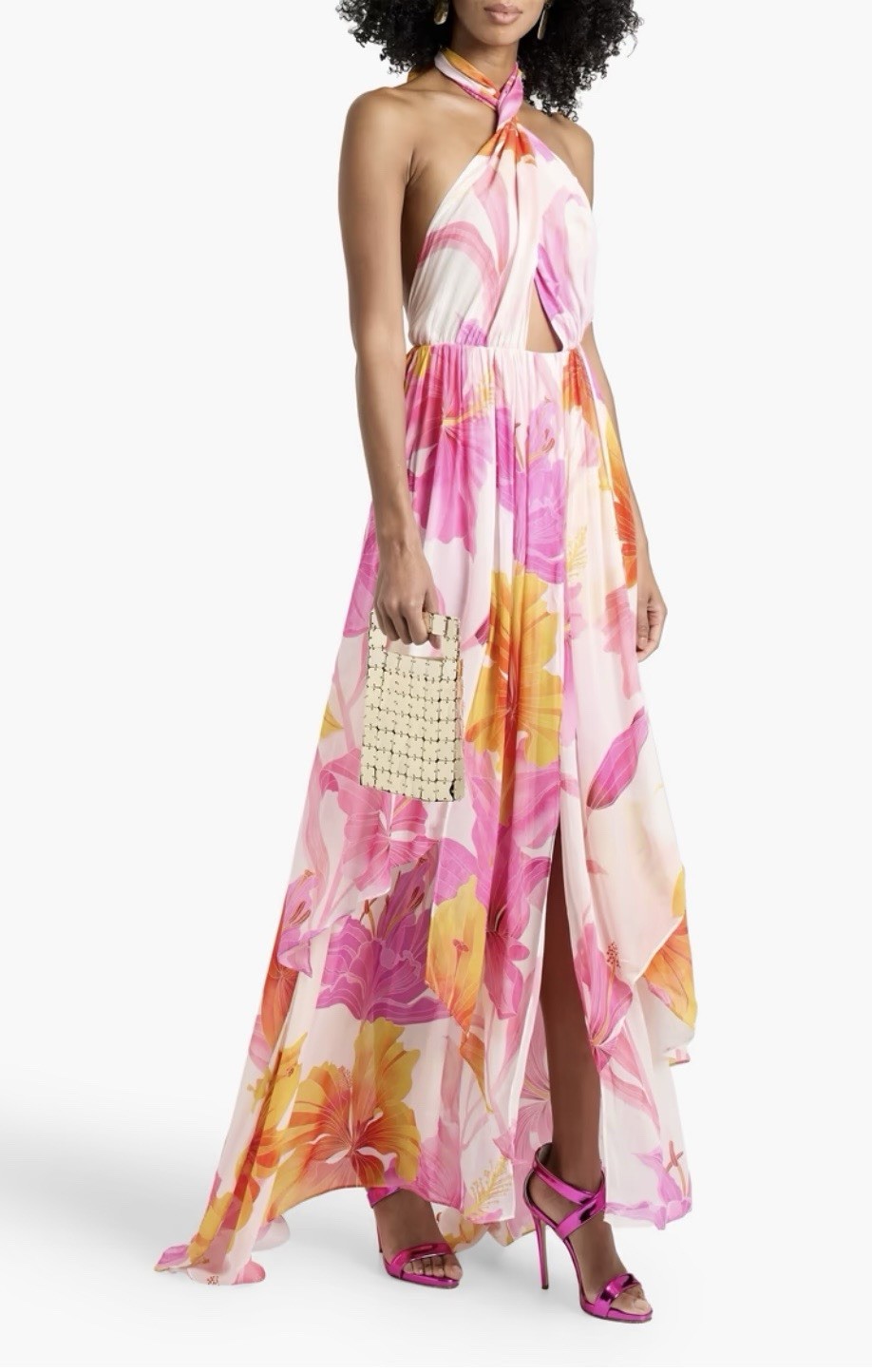 RETROFÊTE Ina Halter Maxi Dress L Pink/Orange Floral Backless Pleated