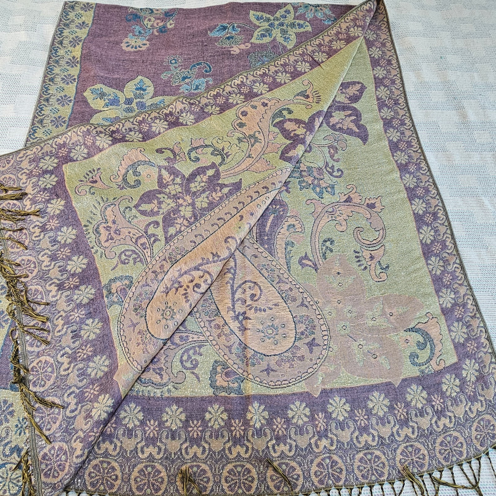 100% Pashmina Wrap Floral Paisley Scarf Shawl Fringe Purple Blue Silver Shimmer