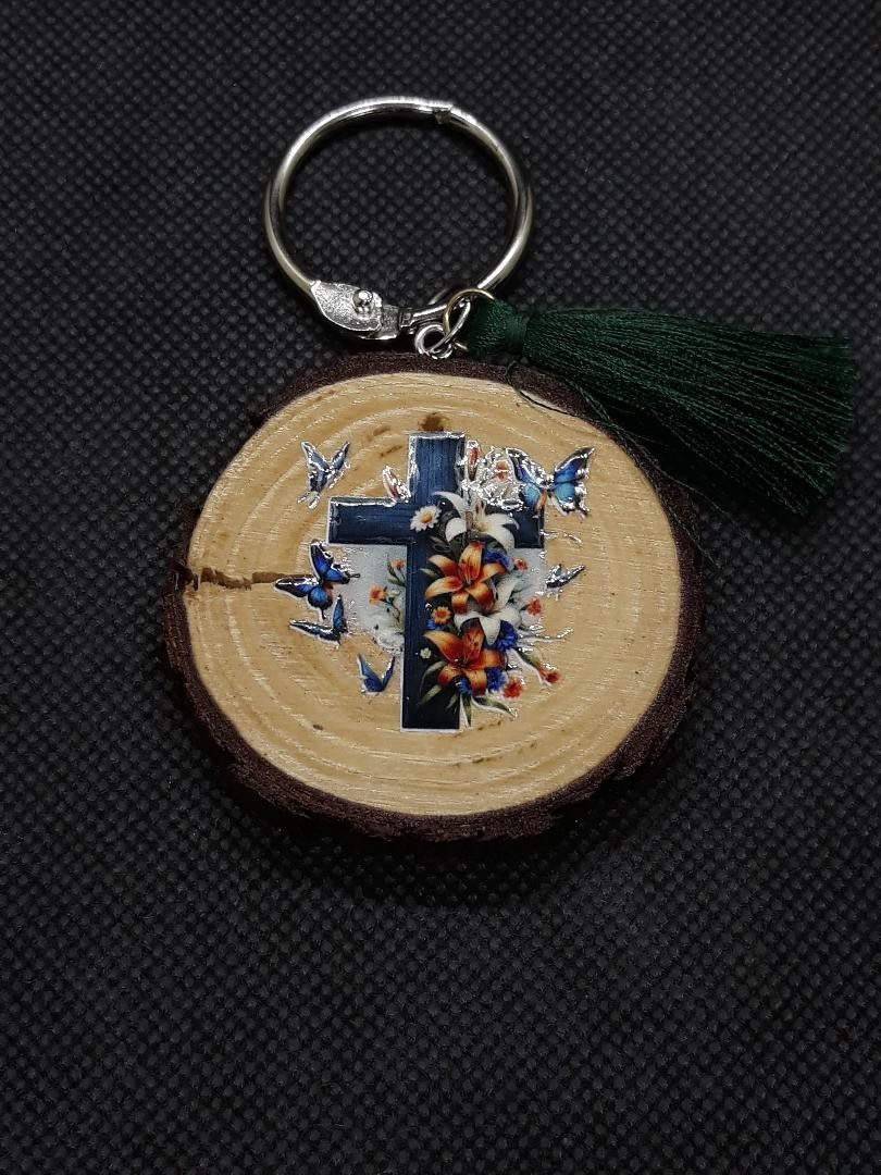 Beautiful Handmade Flowers Butterfly Cross Wood Round Keychain Tag Religious
