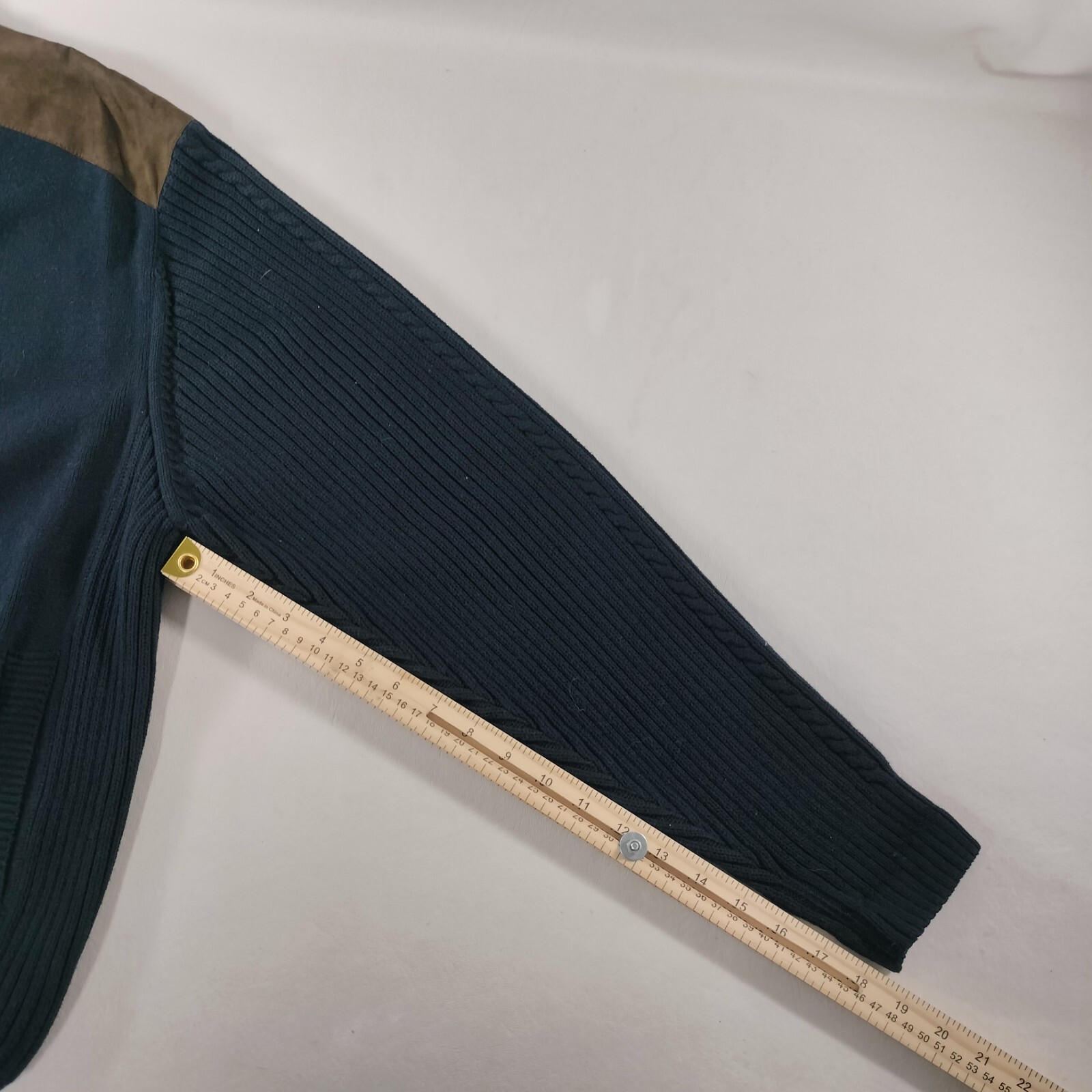 Alex Cannon 3 Button Placket Blue Long Sleeves Sweater with Suede Mens Size L