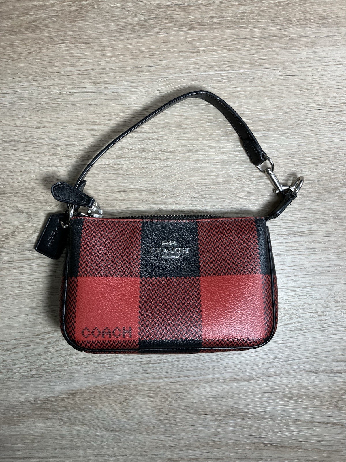 COACH Nolita 15 Zip Wristlet Pouch Red Black Buffalo Plaid Vegan Leather C1580