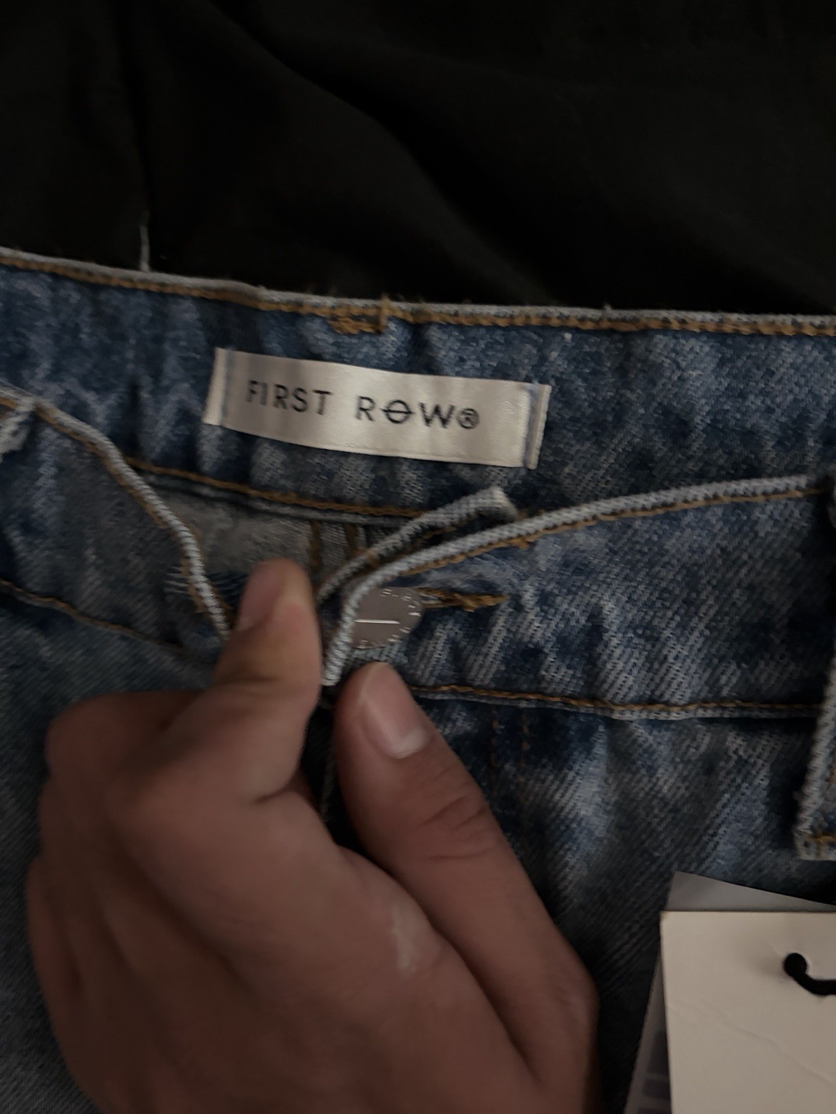 First Row Straight Men’s Light Blue Denim Jeans Distressed Flag Patch Button