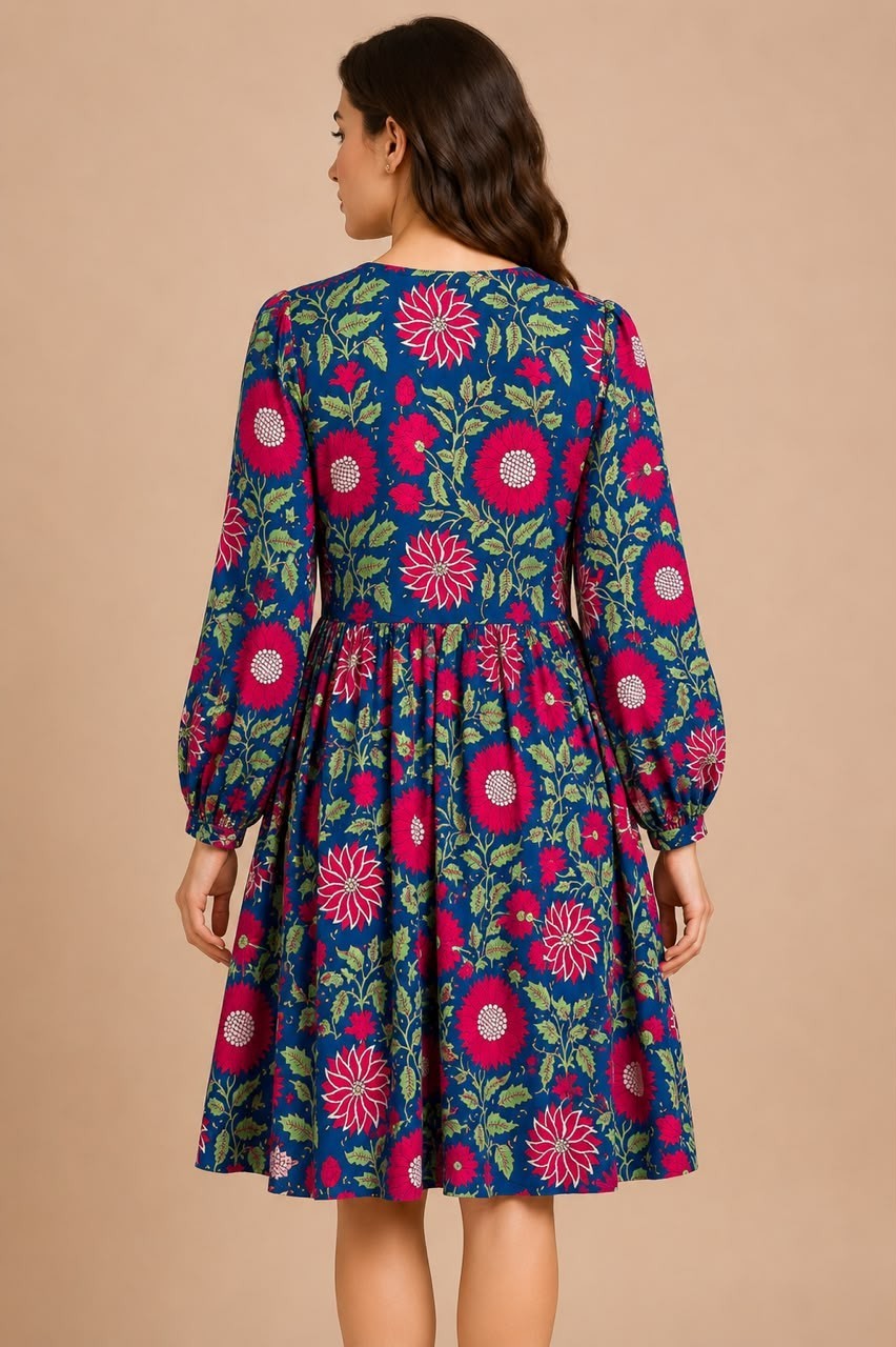 Blue Summer Cotton Maxi Dress, Floral Block Printed Women Cotton Dress, Dresses