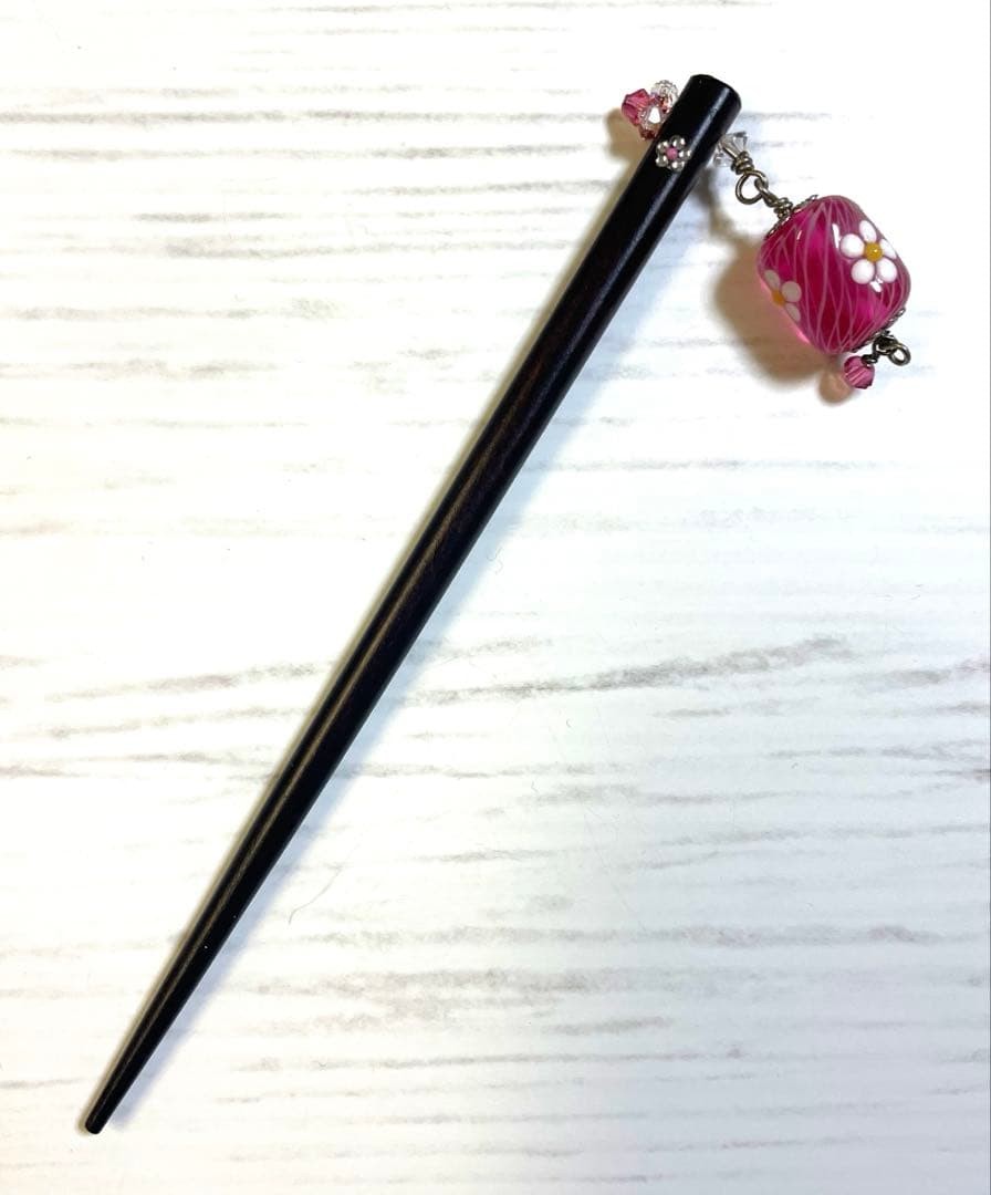 Wooden Hairpin with Pink Flower Tumble Bead, 14cm Japanese Accessory