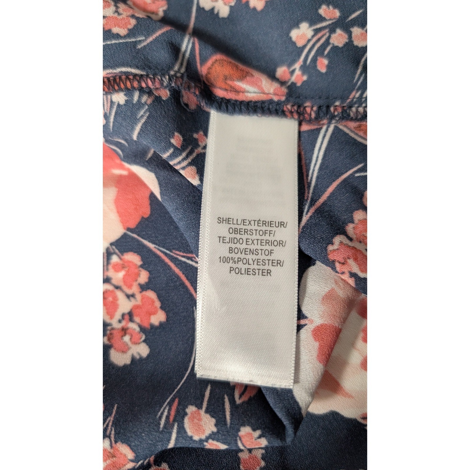 Adrianna Papell XL Blouse Floral Print Long Sleeve Split Neck Top Navy Blue Pink