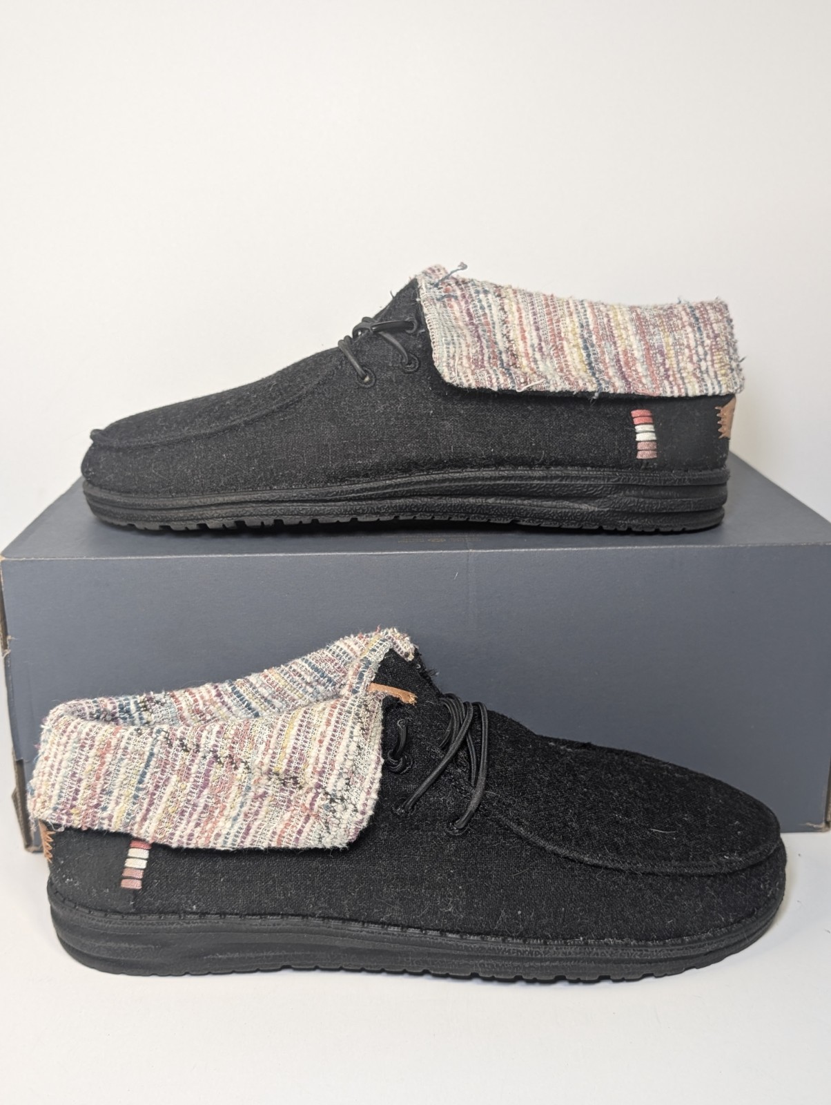 Hey Dude Wendy Fold Wool Black Multi Woven Collar Slip On Loafers Womens Size 10