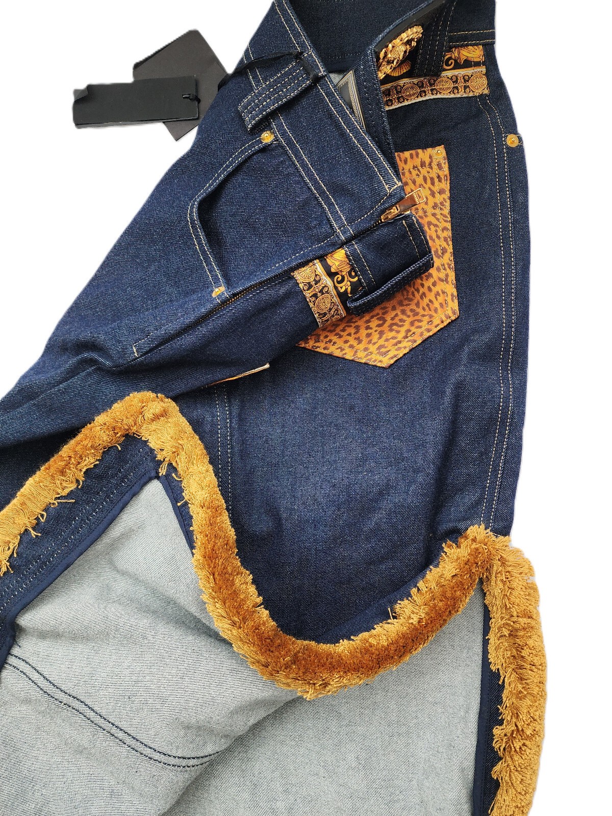 $2995 Designer VERSACE Women’s Indigo Gold Stitching Medusa Long Denim Skirt 40