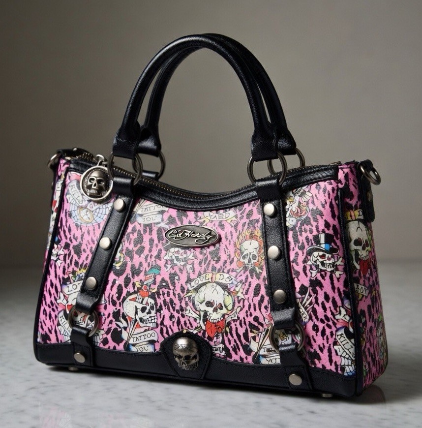 Ed Hardy Pink Leopard Print Tattoo Skull Crossbody/Shoulder Bag Y2K Style