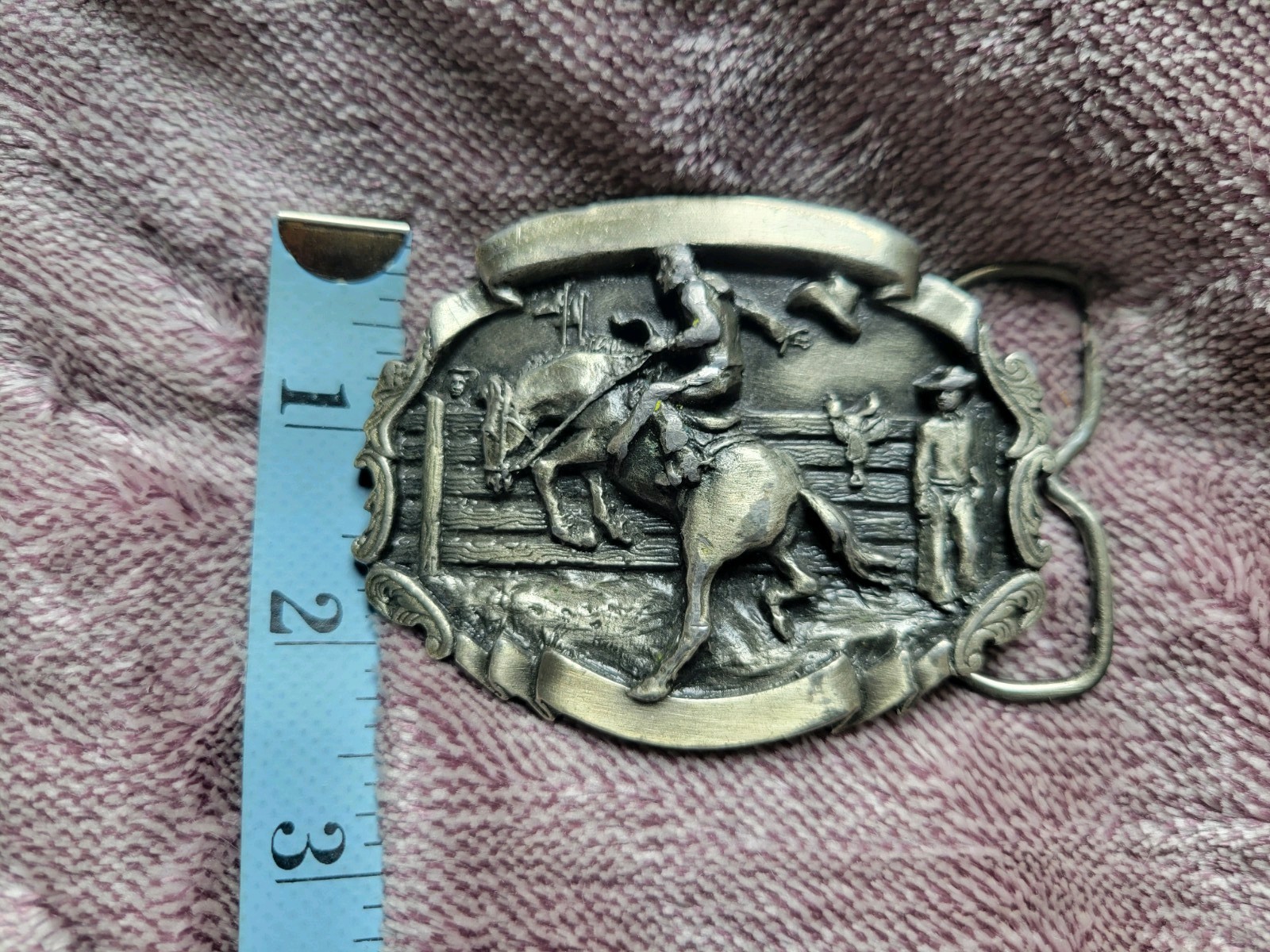Bergamot Brass Works Belt Buckle 3.25in Silver Tone Bucking Bronco Southwestern