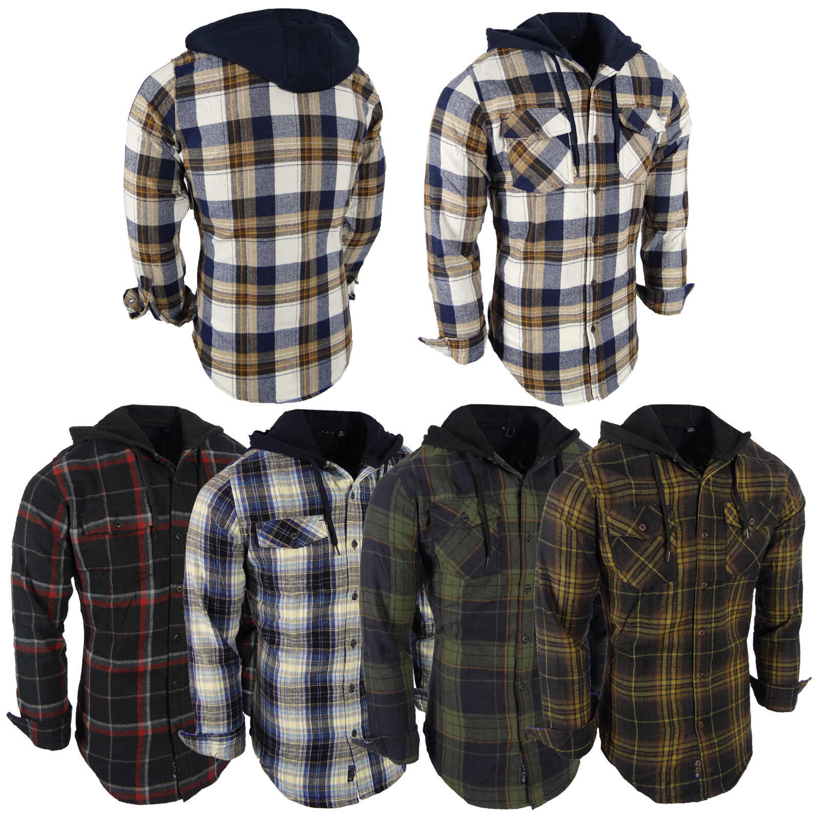 Plaid Flannel Men Shirt Hoodie Lightweight Button Flap Pocket No Lining Slim Fit