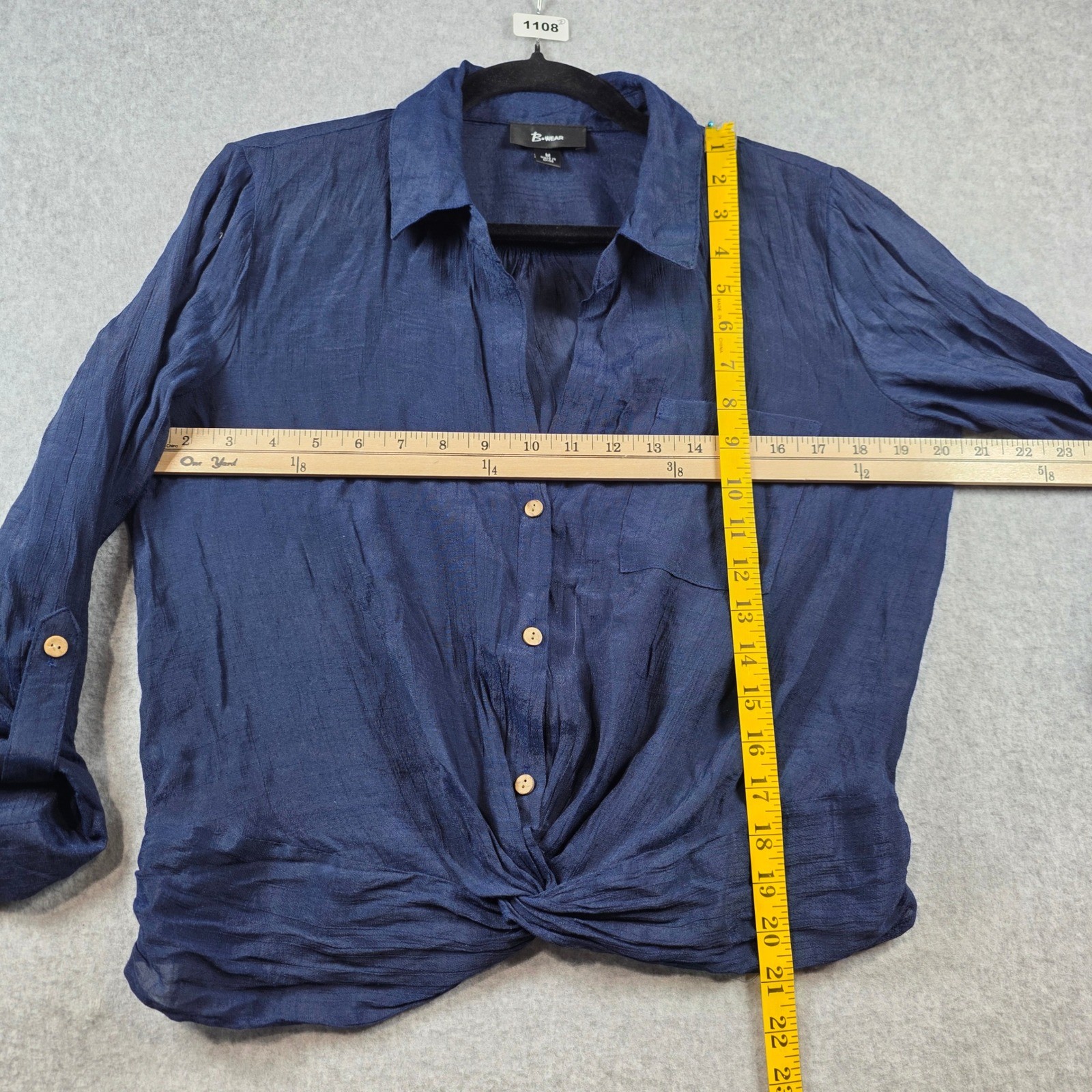 B-Wear Women Navy Blue Twist Front Roll Tab Sleeve Button Up Blouse Size M
