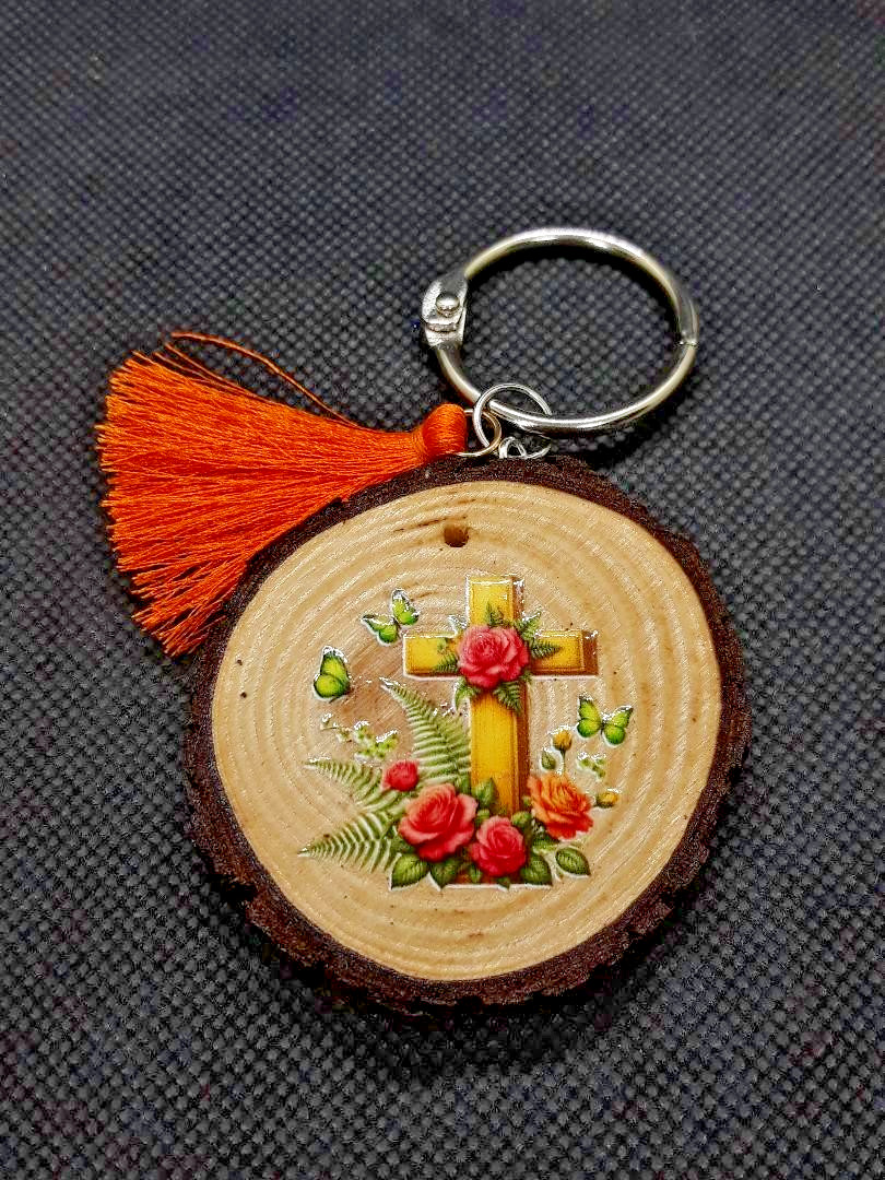 Handmade Christan Cross Yellow Flowers Butterfly Wood Round Keychain Tag