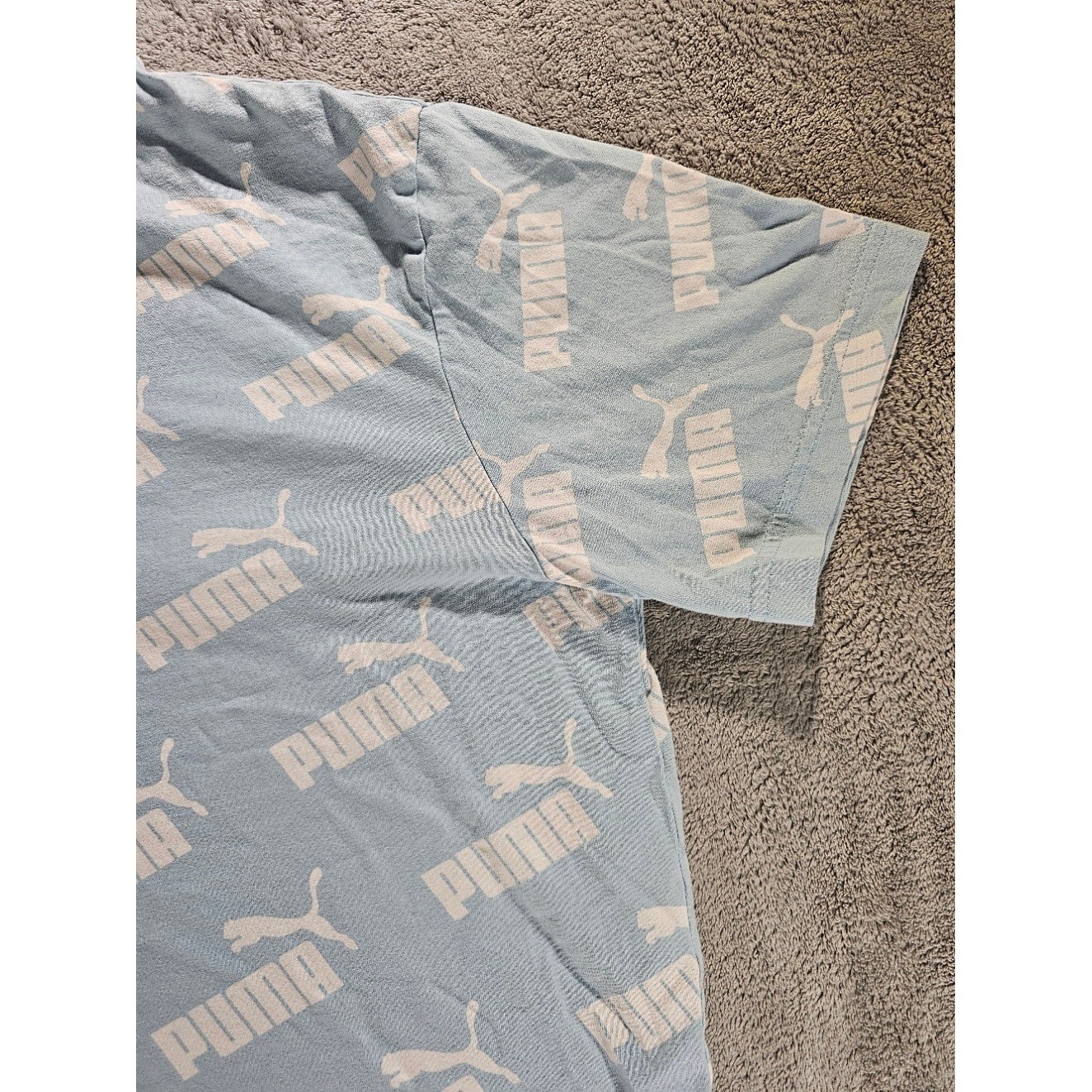 Puma Mens All Over Logo Print T-Shirt Light Blue White Short Sleeve Size M