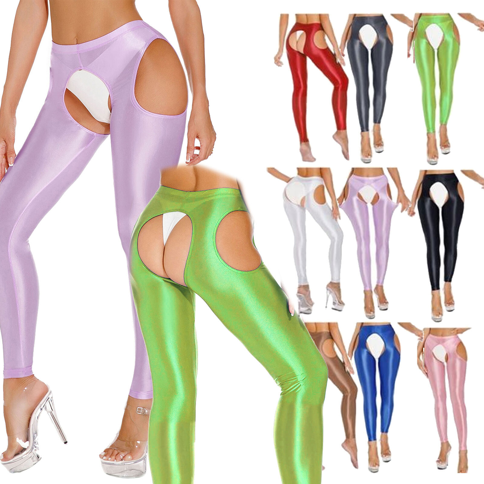US Womens Glossy Crotchless Tights Pants Stretchy Elastic Fitness Yoga Trousers