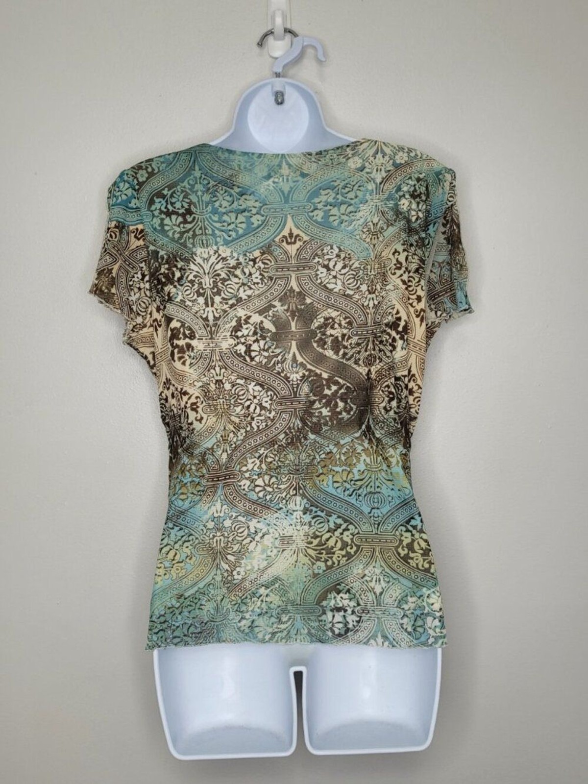 Axcess brown teal blue grunge fairy dark boho short sleeve witchy top large