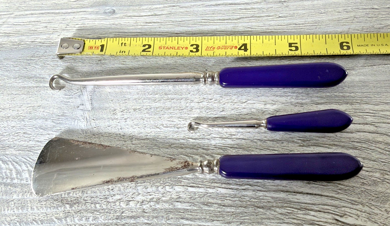 Vintage 3 Pc Blue Bakelite Handle Shoe Boot Button Hook & Shoe Horn Set In Case
