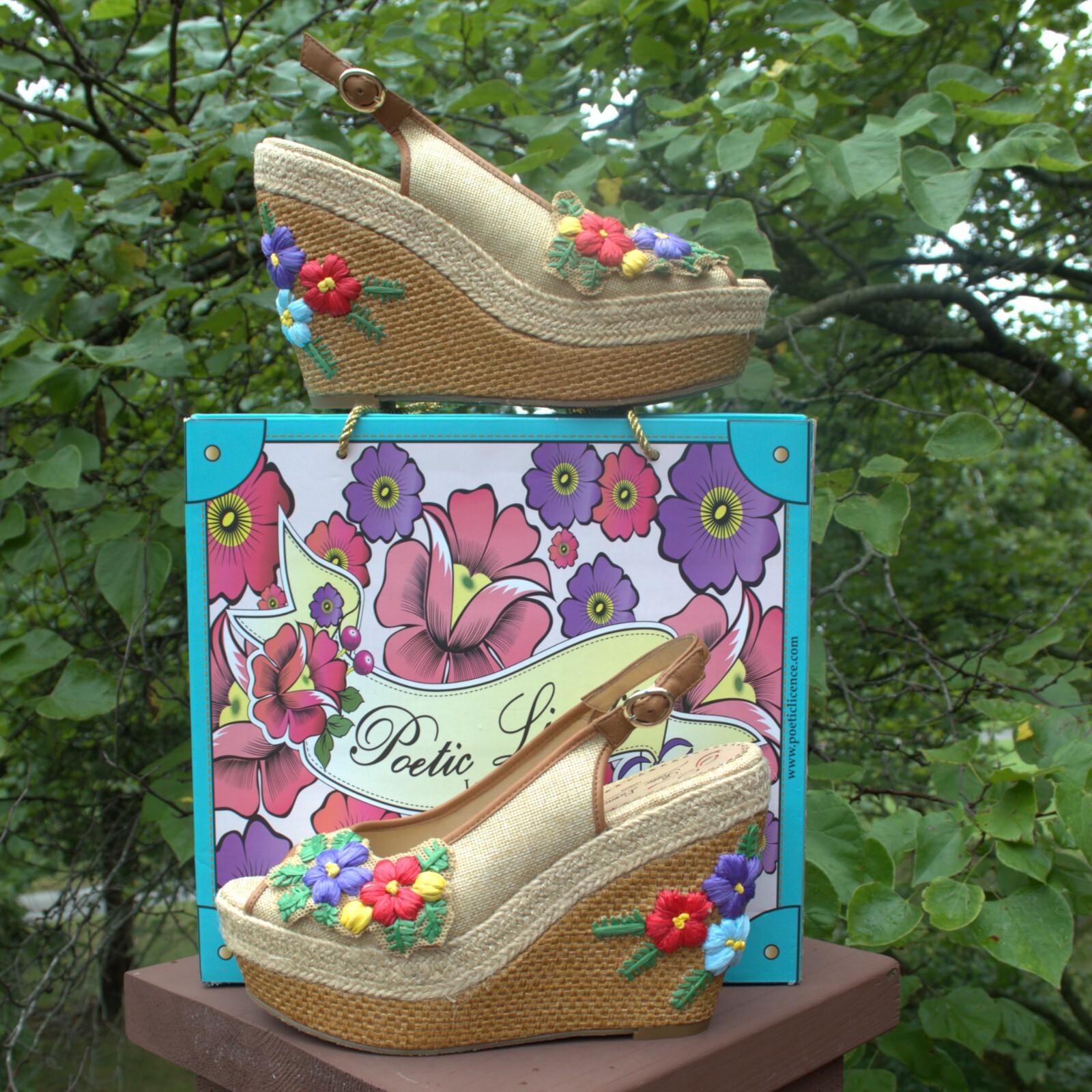 Poetic Licence 8.5 Sandals Natural Petal Pusher Floral Fabric Leather Wedge Shoe