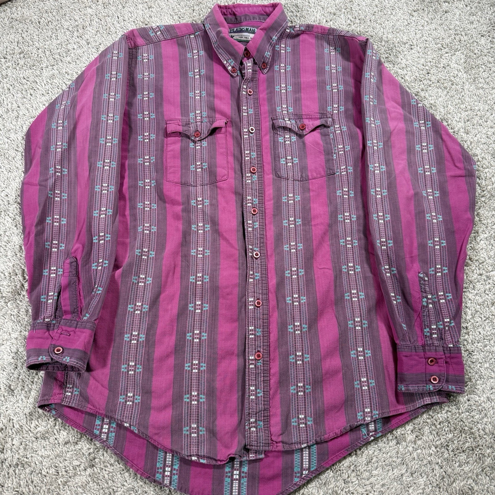 Vintage 90s Plainsman Shirt Mens Large Tall Pink Western Aztec Button Down