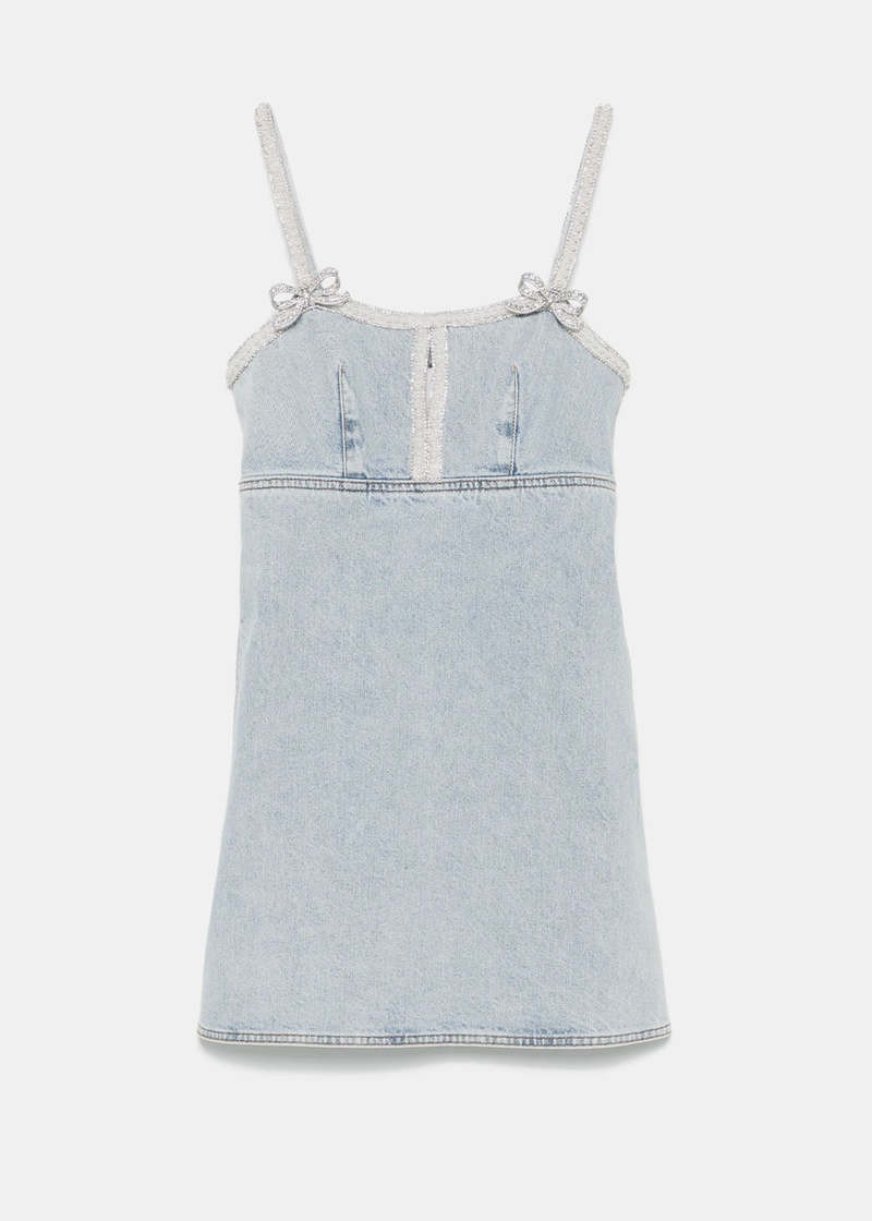 Self-Portrait LIGHT Denim RHINESTONE Pearl-Trim BOW Minidress CUTOUT SZ 8 NWT