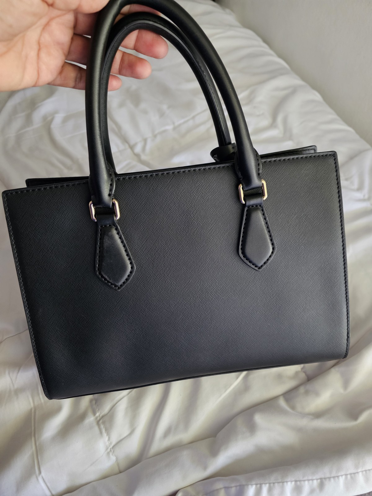 Michael Kors Black Satchel Top Handle Zip Purse MK Charm Gold Hardware