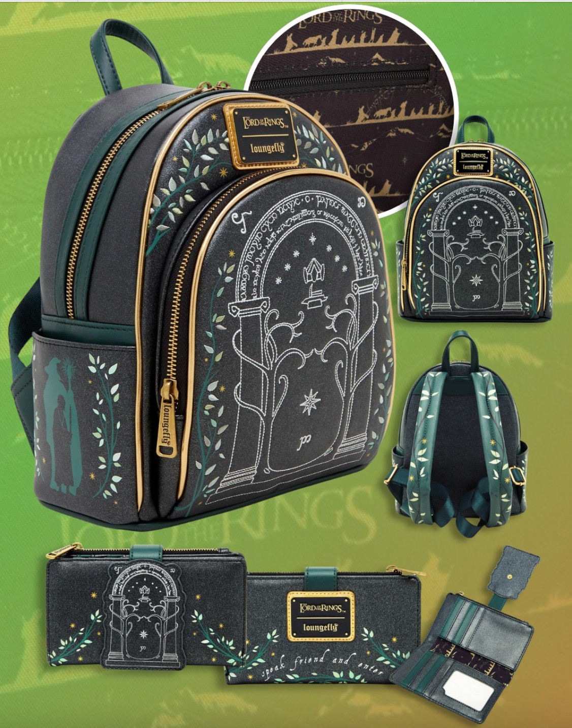 EXCLUSIVE Loungefly Lord Rings LOTR Doors Durin Backpack Sling Wallet GLOW 3PCS