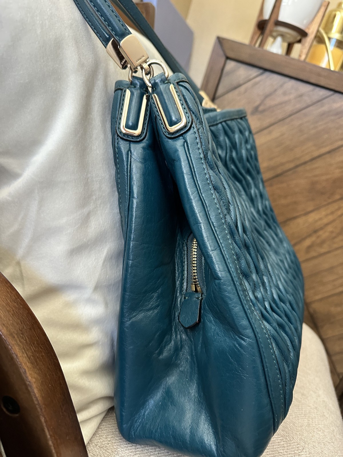 Coach Madison Phoebe Dark Teal Gathered Leather 3 Compartments Shoulder Bag