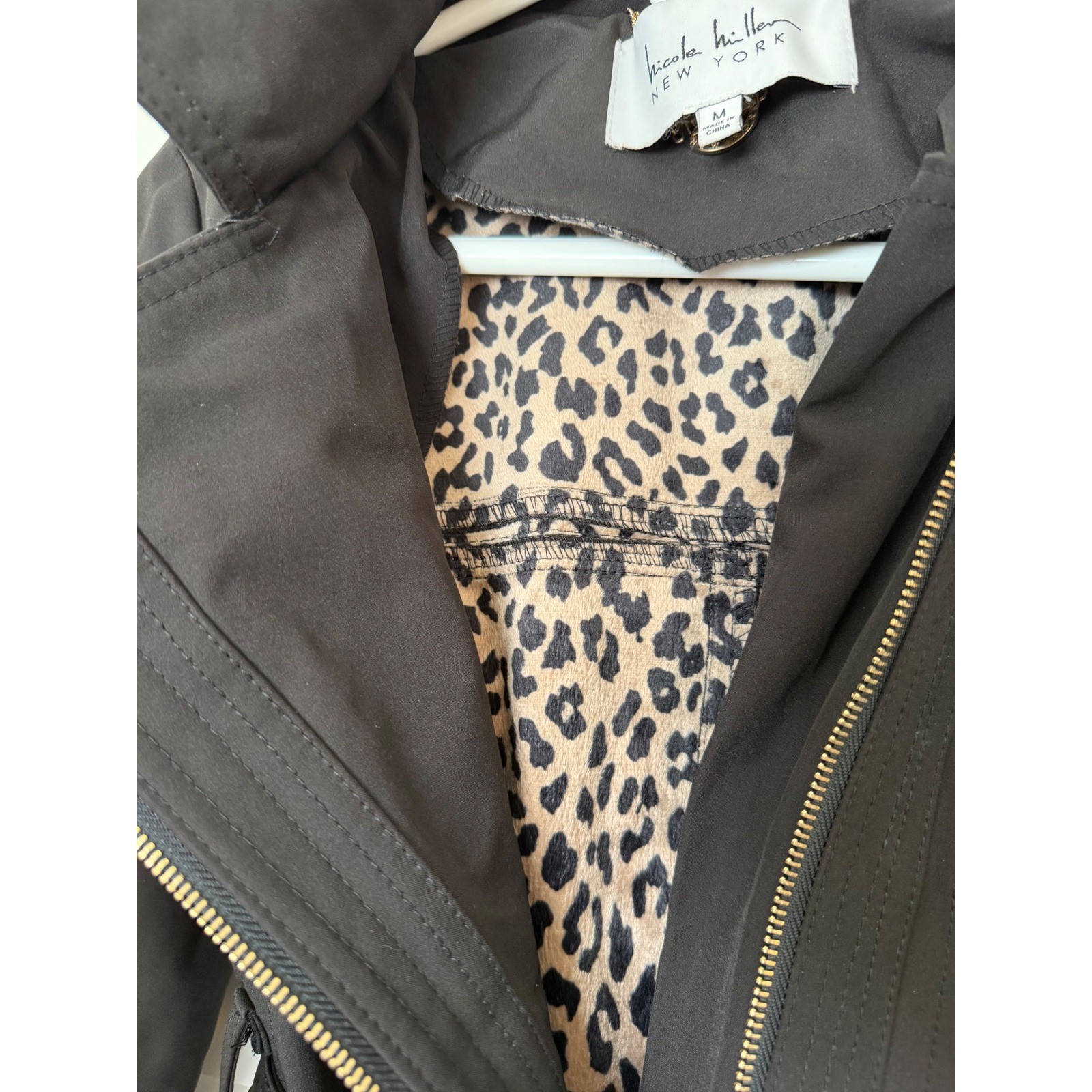 Nicole Miller New York Trench Coat Black Belted Leopard Hood Moto Zip Womens M
