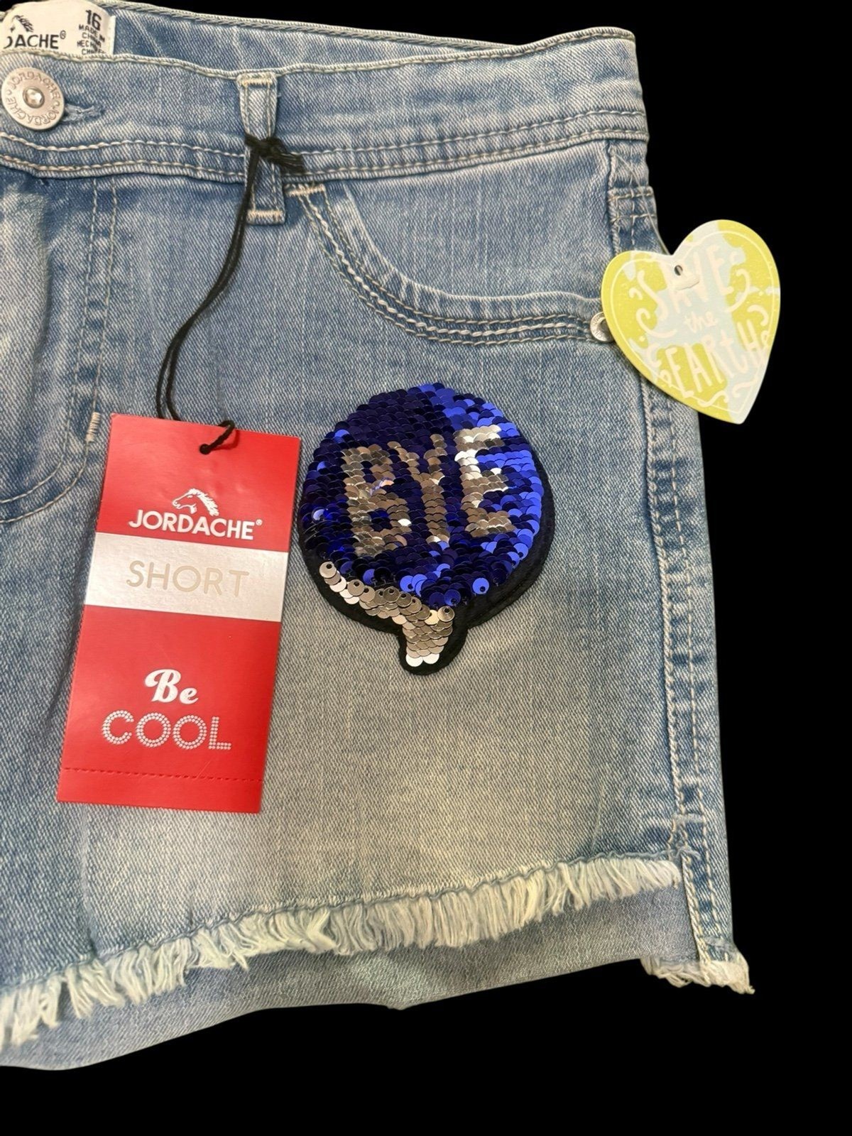 NWT Jordache Flip Sequin “Hi/Bye” Girls Sequin Denim Shorts Lightwash Waist 16