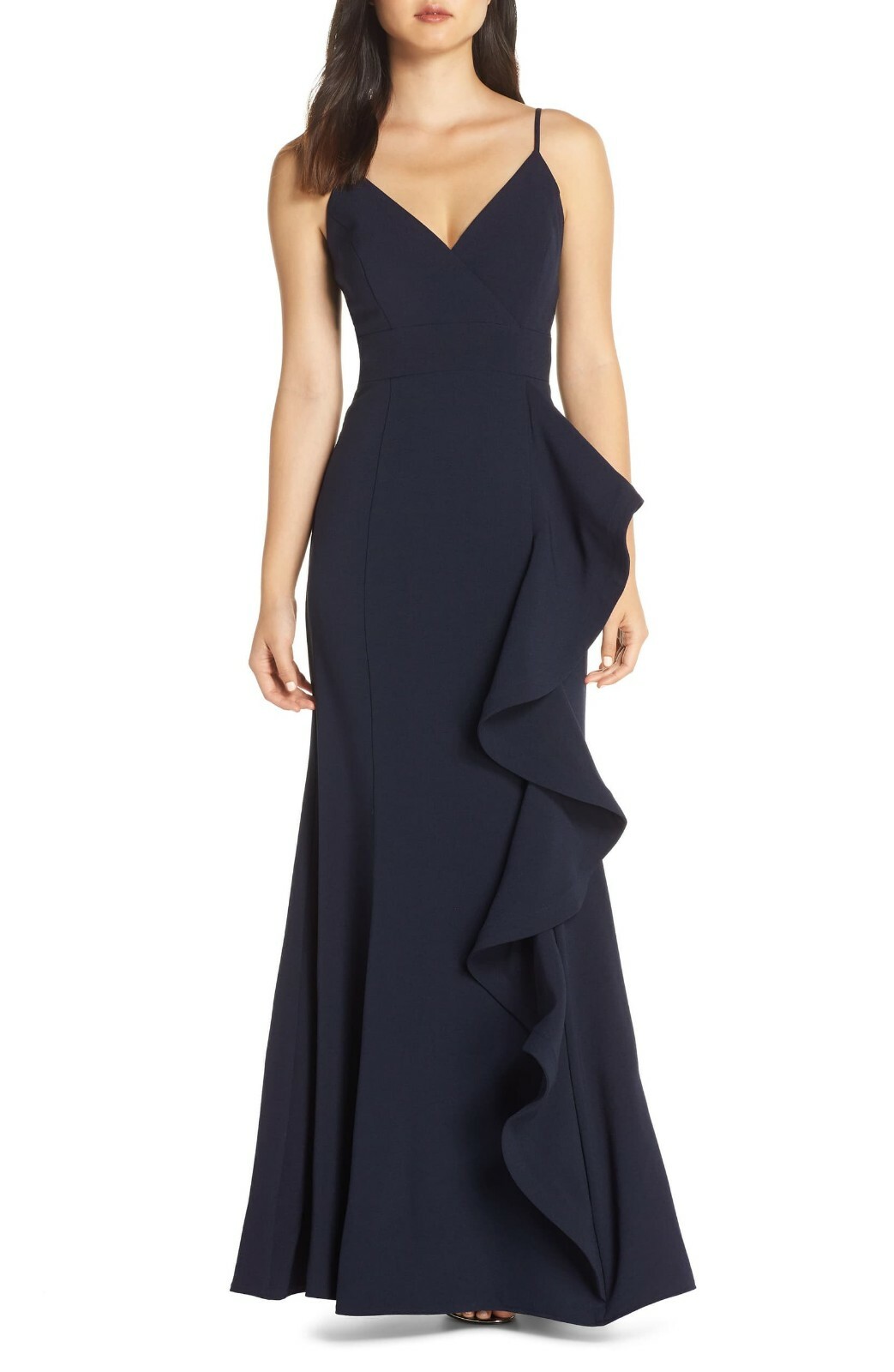 ELIZA J Navy Stretch Crepe Cascading Ruffle V-Neck Plunge Mermaid Maxi Gown 4 =S