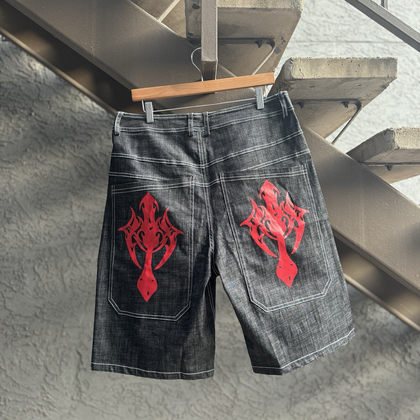 Vintage Jnco Type Shorts Black Denim Jean Baggy Loose Skate Y2K Rave Wide Grunge