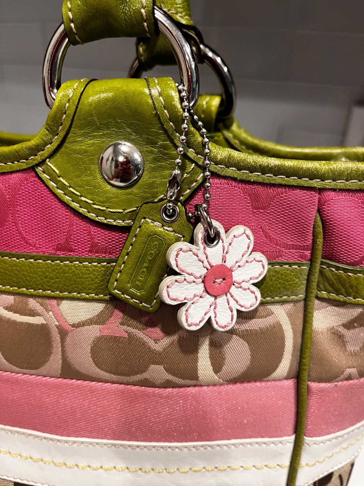 Coach Vintage Bleecker Patchwork Stripe Large Tote Shoulder Bag Pink Green Y2K