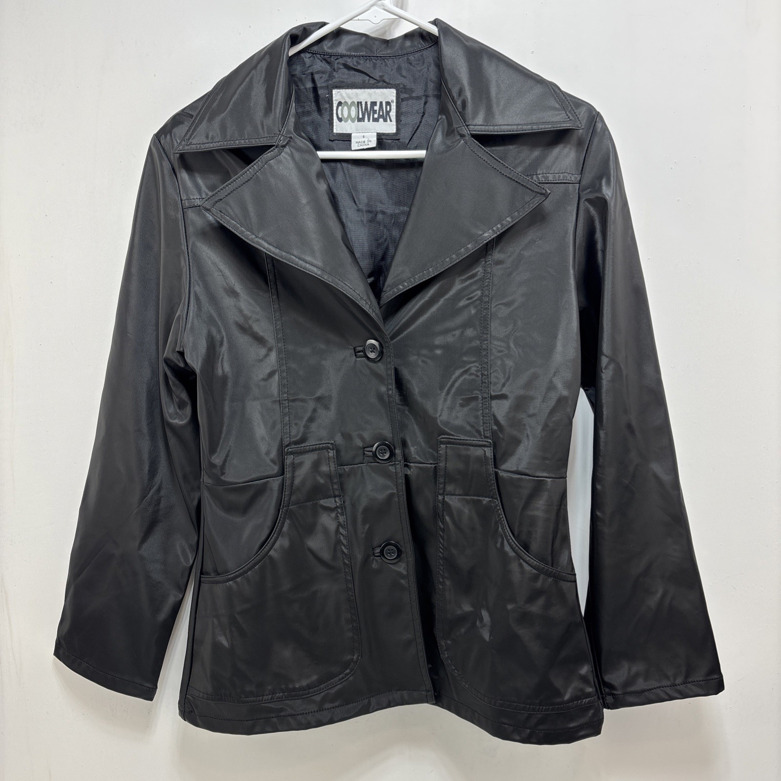VTG Coolwear Y2K Black Faux Leather Jacket Size S Retro 90s Matrix Edgy Goth