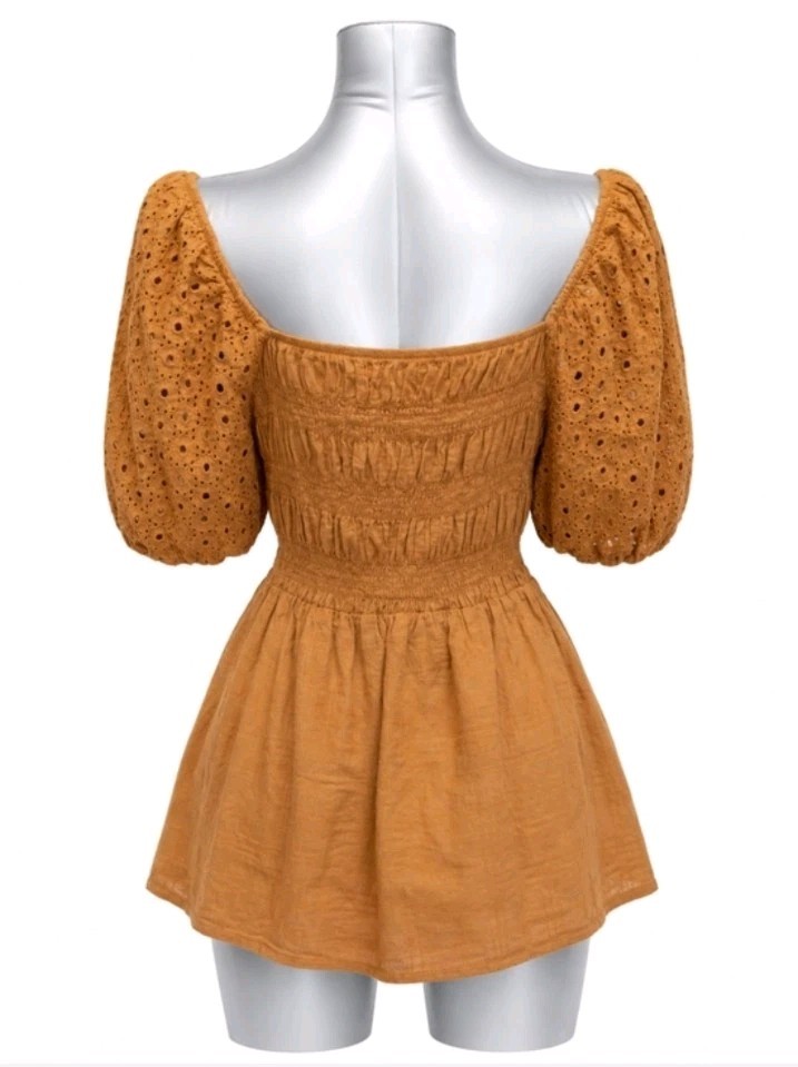 Maurices Boho Rust Eyelet Smocked Square Neck Puff Sleeve Peplum Blouse 1X