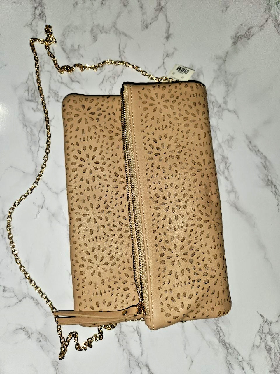 Laser Cut Floral Foldover Clutch Bag Beige Tan Vegan Leather Crossbody Chain