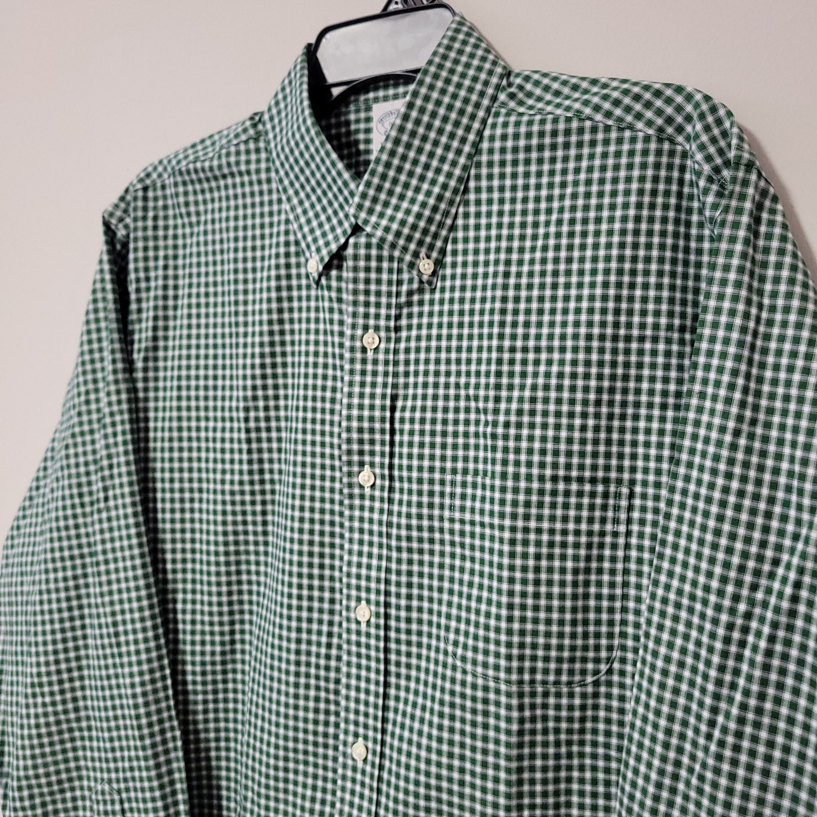 Brooks Brothers Regent Button Down Mens 16 34 Green Gingham Non Iron Stretch