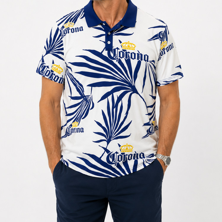 Corona Extra Tropical Palm Leaf Polo Shirt 3XL Blue White Hawaiian Resort Golf