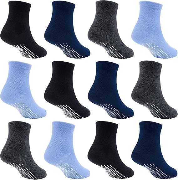 Toddler Boy Socks 12 Pairs Kids Grips Non Slip Skids for 1-7 Years Boys