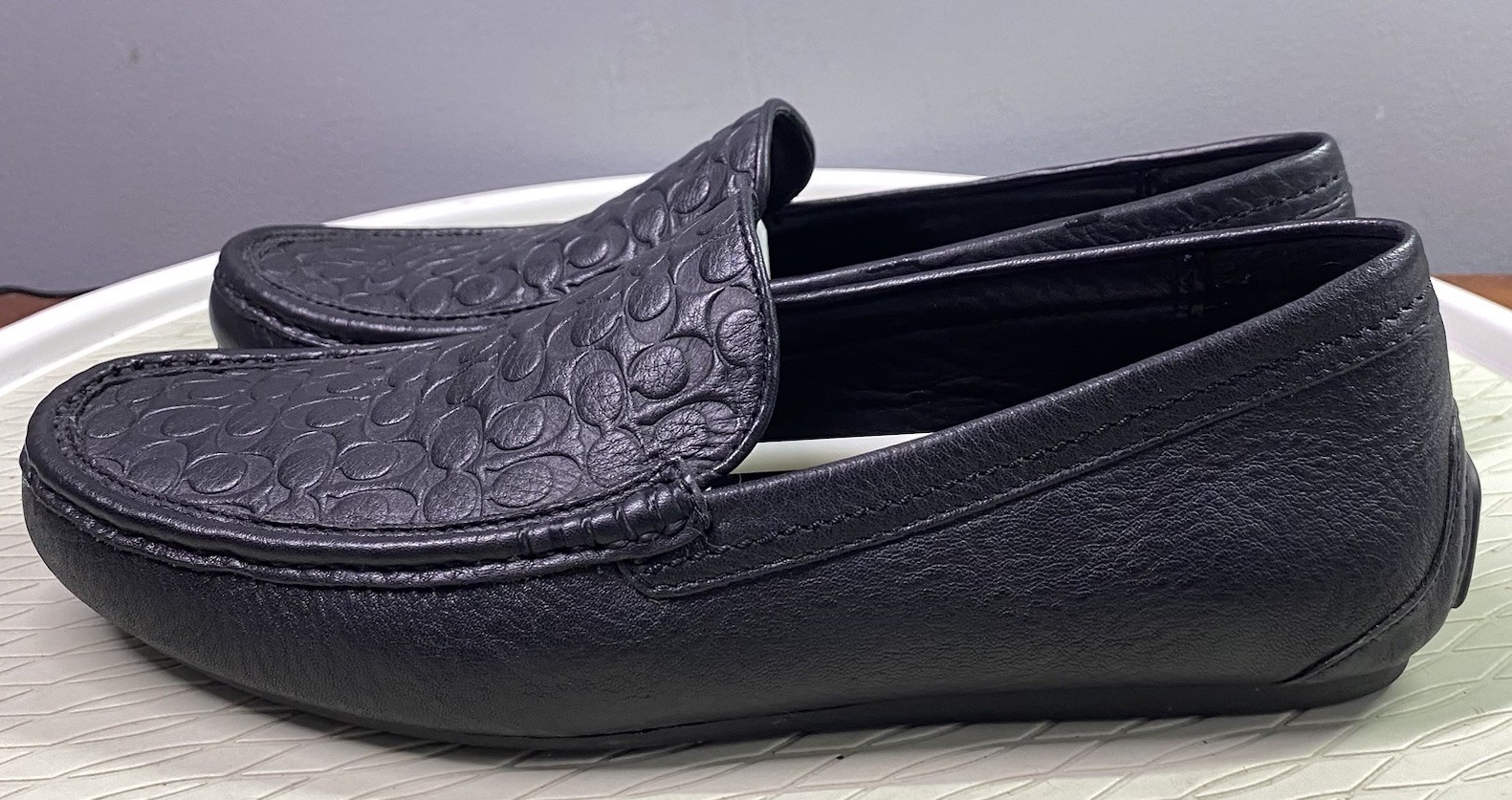 Coach Black Leather Jake 6CM Men’s Driving Loafer Shoes Signature C 7.5 M EUC