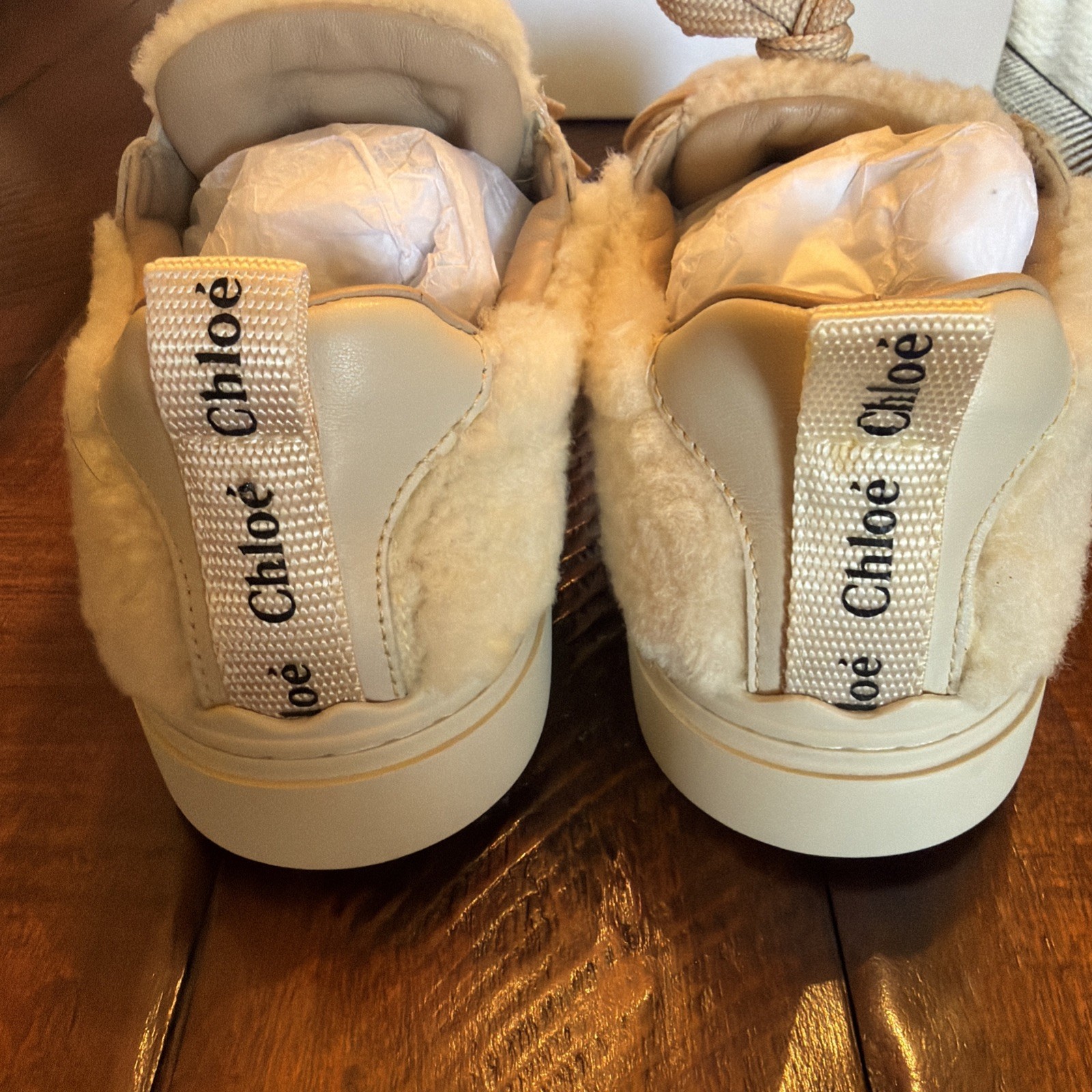 Authentic New Chloé Lauren Shearling Sneakers EU 37 US 7 Beige NIB Box Dust Bags