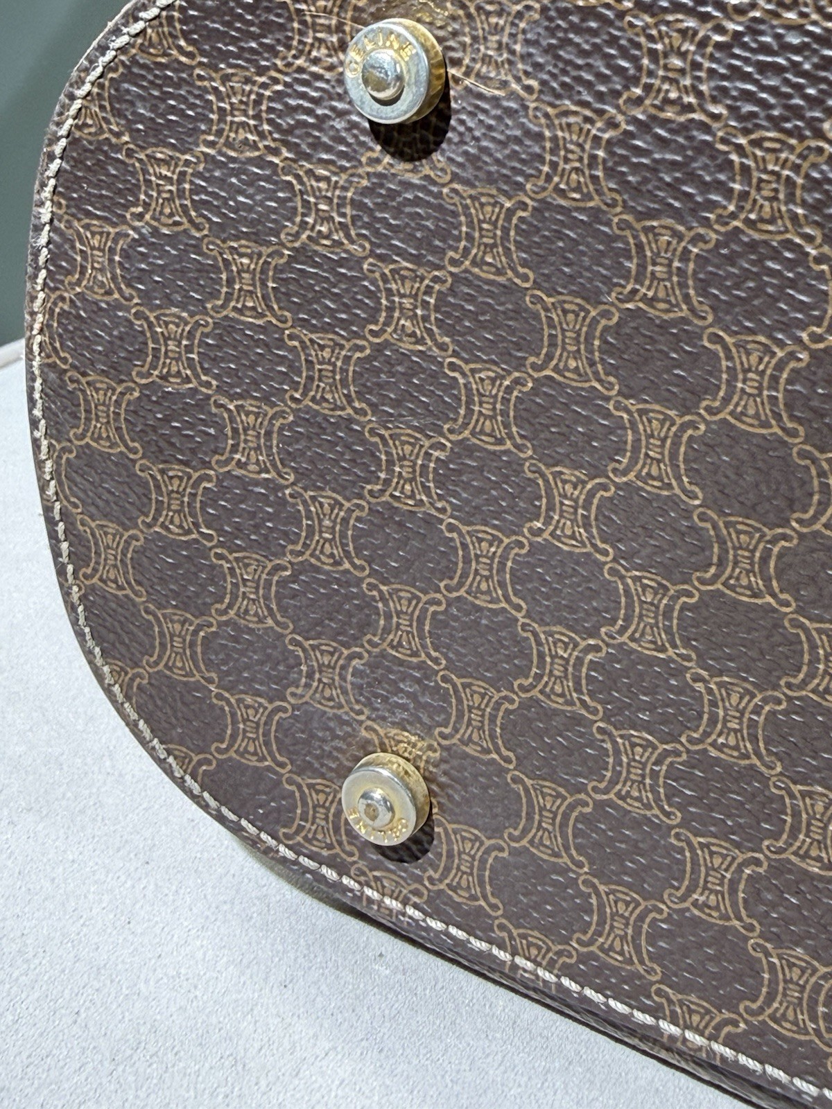 Celine Macadam Triomphe Brown Tote Bag Gold Hardware Leather Shoulder Strap