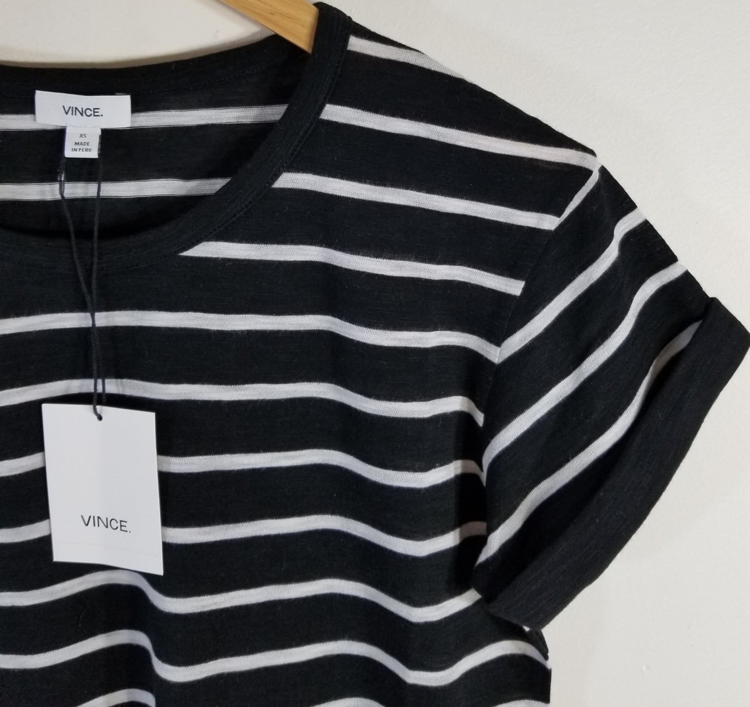 NWT Vince Feeder Stripe Pima Cotton Short Sleeve Tee Black-White Size XS, S $85