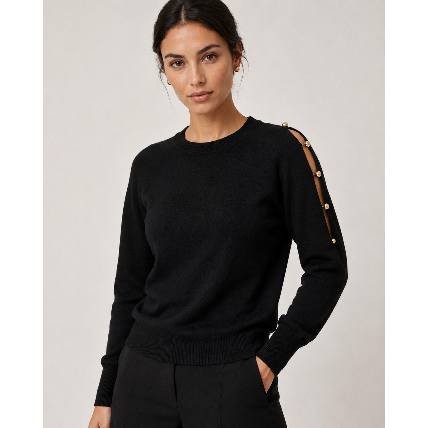 Jonathan Simkhai Black Gold Button Cutout Sleeve Knit Sweater Top L