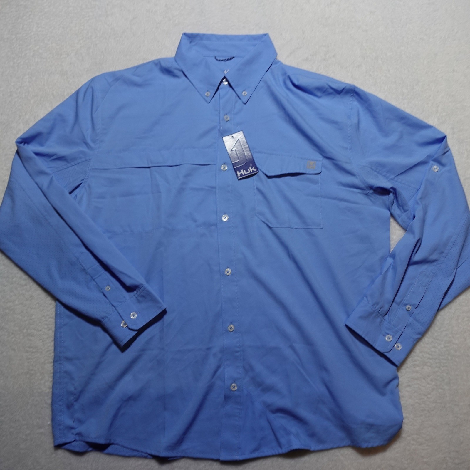 LITTLE STAIN Huk Tide Point LS Fishing Shirt Men XL Blue Long Sleeve Performance