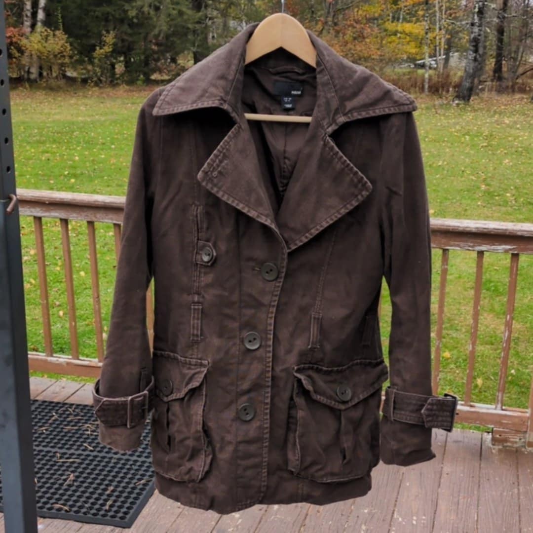 H & M Brown Utility Jacket Womens Sz 8 Farmcore Ranch Country Missing Belt Distr