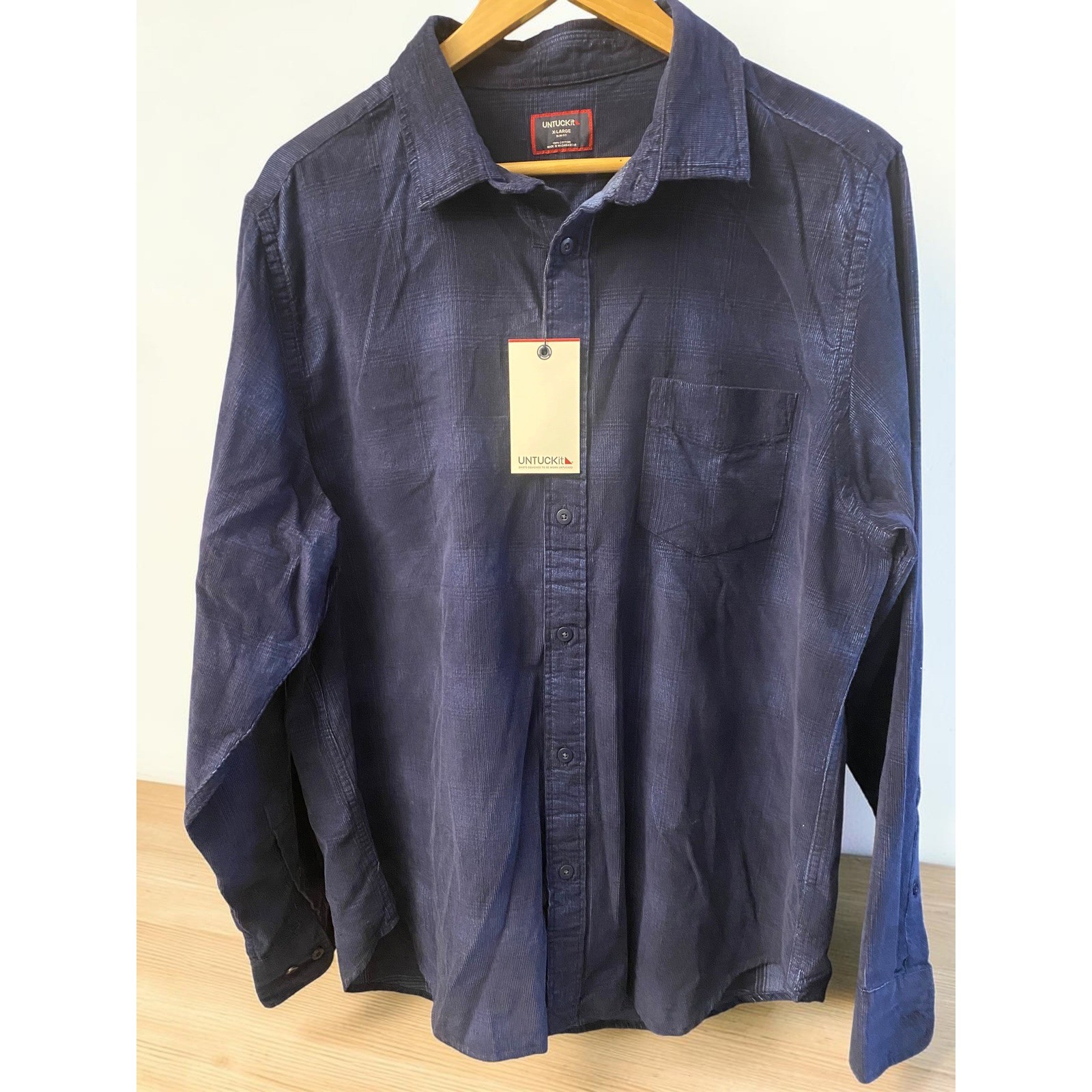 UNTUCKit Winfield Corduroy Slim Fit Plaid Navy Mens XL Long Sleeve Shirt NWT